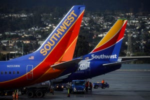 Southwest aircraft taxi on the tarmac at San Francisco International Airport in San Francisco, California.