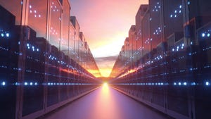 sunrise on the horizon with rows of servers