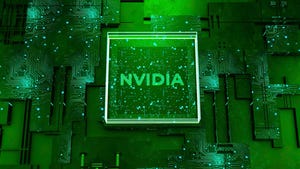 Nvidia supercomputer, green abstract chip with the name of technology company