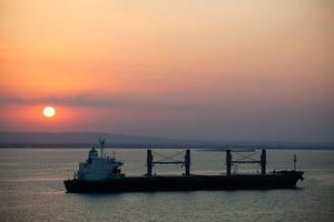 Ships in the Suez Canal at dusk