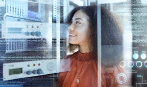 Overlay, data center and black woman doing maintenance in a server room for information technology, cybersecurity, and network.