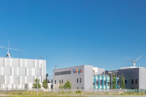 Eemshaven, The Netherlands - June 2, 2022: Entrance view of a Google data center in front of a clear blue sky in Eemshaven, The Netherlands.