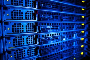 server rack cluster in a data center in blue light