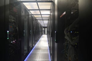 A look down an aisle inside Equinix's PA8 data center in Pantin, a Paris suburb.