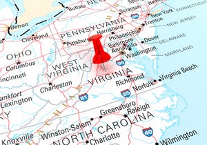 Red Thumbtack Over Virginia State on USA Map