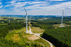 Wind turbines, green landscape