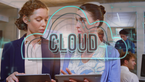 cloud image and text in front of two employees