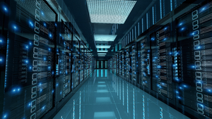 rows of servers in a data center with a blue filter